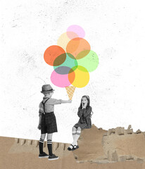 Artwork with cute school age kids isolated on light background. Childhood, education, studying, back to school concept.