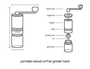 home portable manual coffee grinder hand coffee mill with ceramic burrs 6 adjustable settings portable hand crank tools diagram for setup manual outline vector illustration