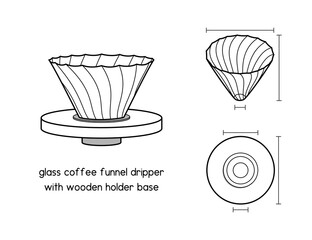 Glass Coffee Funnel Dripper With Wood Base Pour Over Coffee Brewing Filter Cup with Wooden Holder diagram for setup manual outline vector illustration