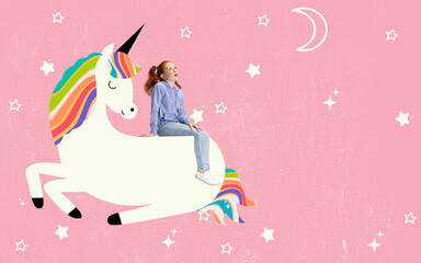 At dream. Creative artwork. Little girl sitting on drawn unicorn and dreaming. Concept of emotions, ideas, imagination, international children's day.