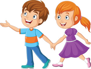Cartoon happy boy and girl holding hands
