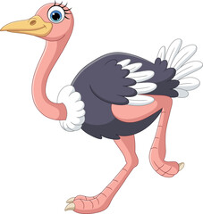 Cartoon ostrich running on white background
