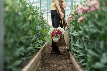 Woman florist walking among flowers in a green house carrying a basket with a fresh bouquet