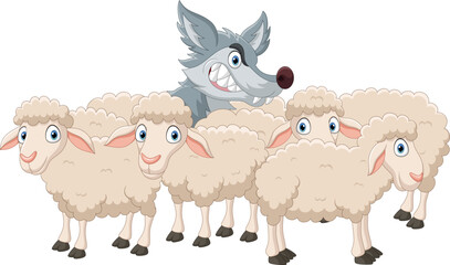 Cartoon wolf with sheep flock