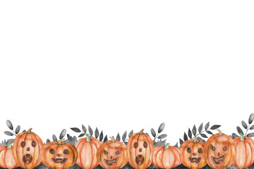 Watercolor illustration of hand painted orange carved jake-o-lantern pumpkins, black leaves. Food harvest. Autumn holiday Halloween. Frame template on white background for cards, posters, invitations