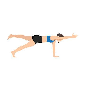 Woman Doing Plank Pose One Arm Leg Lift. Beautiful Girl Practice Phalakasana Eka Pada Eka Hasta. Flat Vector Illustration Isolated On White Background