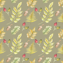 Seamless watercolor pattern with autumn leaves,dogrose and acorn on gray yellow background.For textile,fabrics.