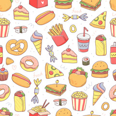 Seamless pattern with fast food in cute kawaii doodle style. Vector junk food illustration background.