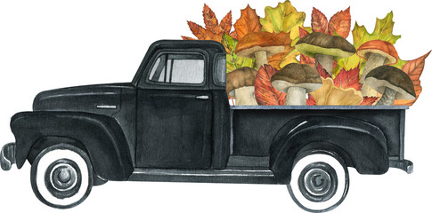 Watercolor retro truck with harvest - pumpkin vegetables. Hand painted vintage retro car illustration perfect for thanksgiving card making, wedding invitation and fall autumn postcards 