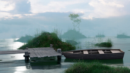 landscape with boat fishing background, beautiful evening, boat fishing bridge, sport fishing, 3d render