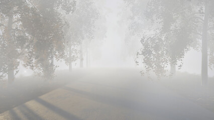 autumn fog road in the park, breath of autumn damp fog early dawn, 3d render
