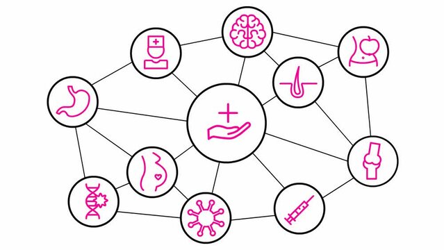 Animated line medicine icons in the white circles. pink symbols. Linear vector illustration isolated on white background.