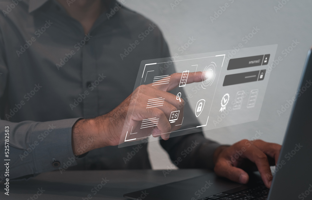 Fototapete User finger scanning allows access input, security on the Internet innovation technology against digital cyber crime, username and password for or technology security system and prevent hacker concept