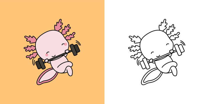 Clipart Axolotl Athlete Multicolored and Black and White. Cute Salamander Sportsman. Vector Illustration of a Kawaii Animal for Stickers, Baby Shower, Coloring Pages, Prints for Clothes.
