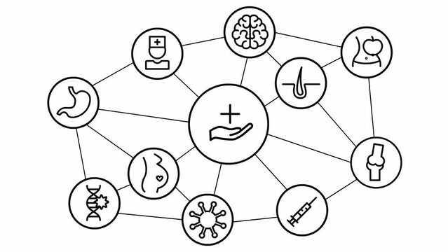 Animated line medicine icons in the white circles. black symbols. Linear vector illustration isolated on white background.