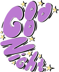 Good night doodling lettering, moon shape, crescent moon, star, hand contour drawing, PNG