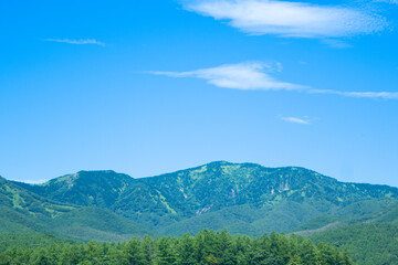 嬬恋高原の夏の青空と緑の山々