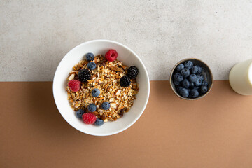 Top view of grains granola with fresh berries in bowl breakfast food blueberry