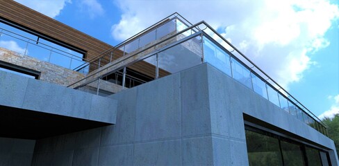 Finishing the exterior of a country exclusive house with concrete. A multi-level glass-paneled fence adds a touch of sophistication to the building. 3d render.