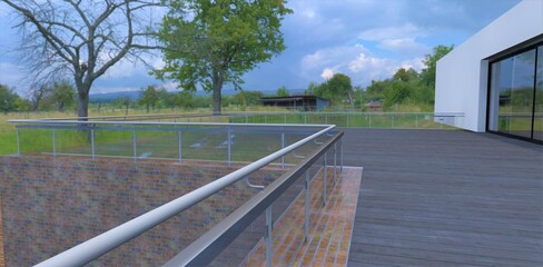 Metal railing with glass panels on the roof of an advanced country house. Terrace with wooden flooring. Wonderful scenery all around. 3d render.