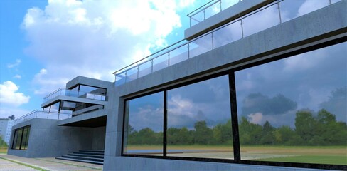 Revolution disign of concrete office building with large mirror panoramic windows. Multilevel terraces with fences made of glass and steel. Stunning clouds above. 3d render.