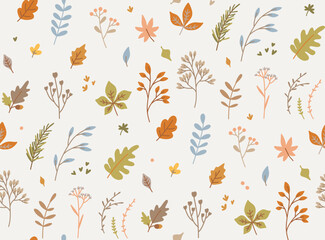 Fall seamless pattern of twigs with leaves, foliage, berries. Cute and cozy design elements of autumn plants. Vector illustration 