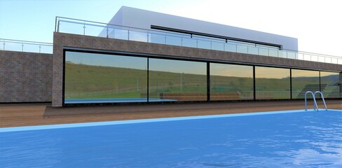 Wonderful morning. Spacious wooden covered terrace next to a large blue water swimming pool. Huge windows reflect the environment. 3d render.