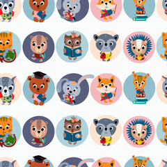 Fototapeta premium School seamless pattern with cute little animals. Design for fabric, textile, wallpaper, packaging. 