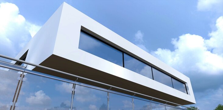 Futuristic architecture. View from below on a rectangular room finished with white gypsum plaster. Long rectangular window. Glass and steel railing. Wonderful clouds. 3d render.