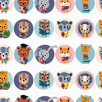 School seamless pattern with cute little animals. Design for fabric, textile, wallpaper, packaging.	