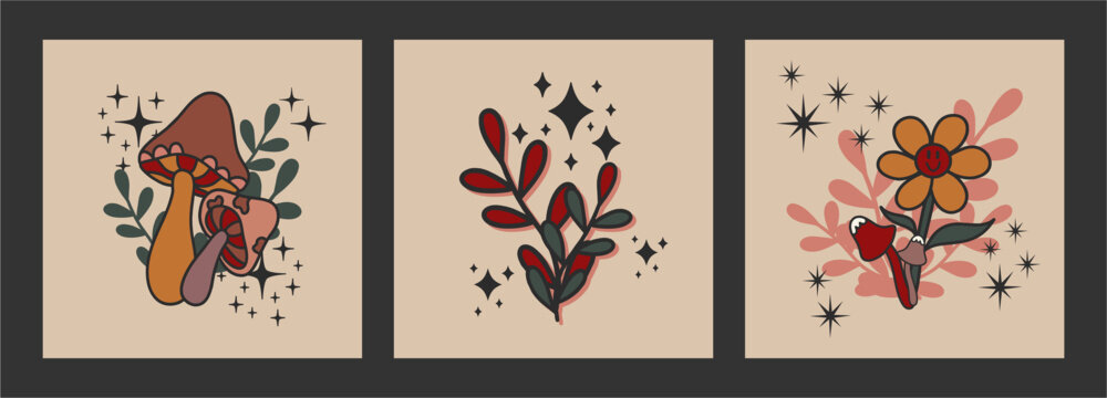 Set of retro posters. Smiling flowers,, clockwork mushrooms and plants, cute postcard, poster. Positive plants, radiance. Cartoon hand drawn.