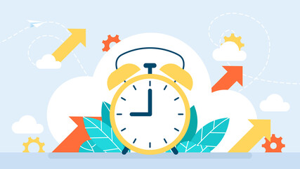 Yellow alarm clock, blue numbers, set the time placed on a table. Alarm clock wake-up time on isolated background. Time planning. Time Management. Deadline. Flat style. Business illustration