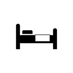 Bed furniture icon in black flat glyph, filled style isolated on white background