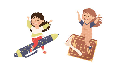 Schoolkids flying with pen and book. Happy little girls with school supplies. Back to school concept cartoon vector illustration