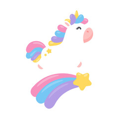 Cute unicorn horse cartoon set With a rainbow pastel shooting star Isolated on background