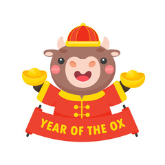 Happy chinese new year 2021 greeting card cartoon cow holding red greeting sign in the new year