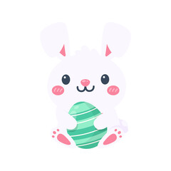 Cartoon cute little rabbit hugging easter egg Isolated on background