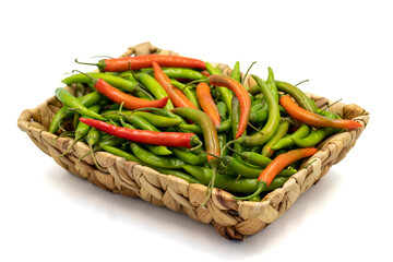 Hot peppers. Spice pepper in basket isolated on white background. Vegetable, healthy vegan food. close up