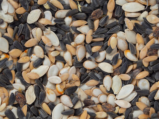 Natural food background from a mixture of sunflower and pumpkin seeds close-up view from above