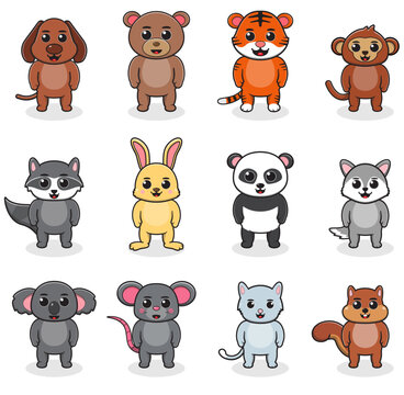 Vector illustration of animal. Dog, Bear, Tiger, Monkey, Raccoon, Rabbit, Panda, Wolf, Koala, Mouse, Cat and Squirrel. Cute forest animals. Cartoon character design collection