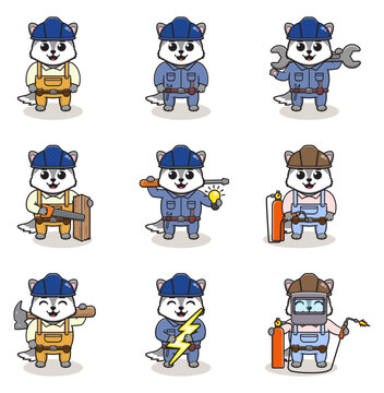 Vector illustration of Wolf Construction, builder, electrician, welder and handymen cartoon. Cute Wolf engineers workers, builders characters isolated cartoon illustration.