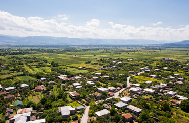 Obraz premium Telavi view from the helicopter, high angle view of the village and fields, Georgian country