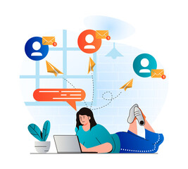 Email service concept in modern flat design. Woman sending and receiving new letters from laptop, makes promotional mailing. Online communication technology, business contact. Web illustration