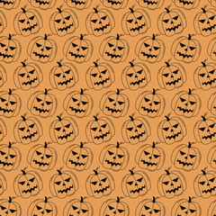Halloween doodle pattern. Black pumpkin lanterns on orange background. Vector seamless illustration. Halloween holiday sketch symbols jack lanterns. Hand drawn elements