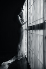 black and white young asian women model standing poses naked by the window light only a thin...