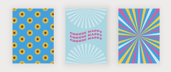 Obraz premium Blue groovy retro wall art prints with flowers, sun and wavy text 