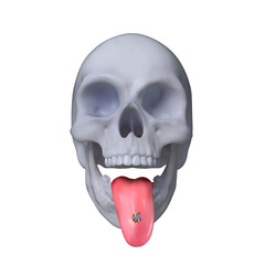 Abstract illustration from 3D rendering of skull sticking its tongue out with LSD acid tab. - obrazy, fototapety, plakaty