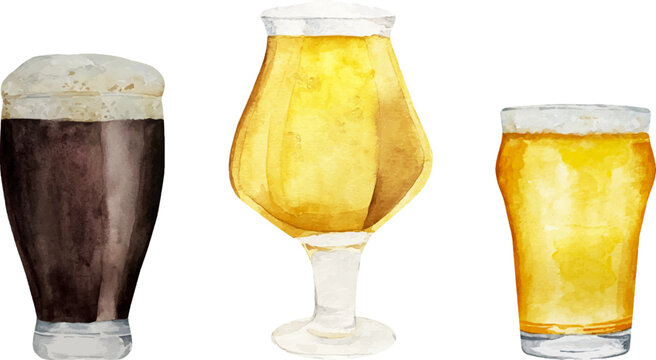 Watercolor glasses of fresh ale and light beer with foam and cider isolated on white