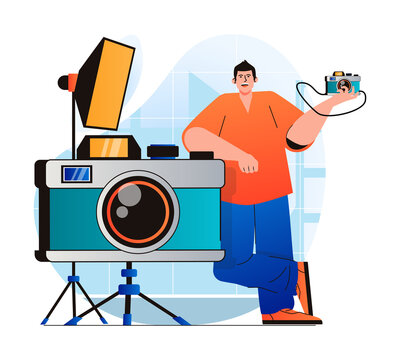 Photo studio concept in modern flat design. Man standing by huge photo camera works in professional with equipment. Photographer makes photoshoots, art and commercial photography. Web illustration