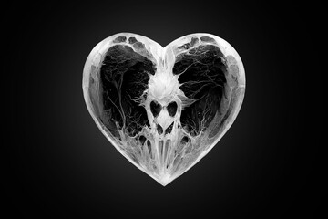 Gothic original gift for Valentine's Day. Stylized heart made of bones. X-ray of a heart shape. Unusual love, dark fantasy. Isolate on a black background